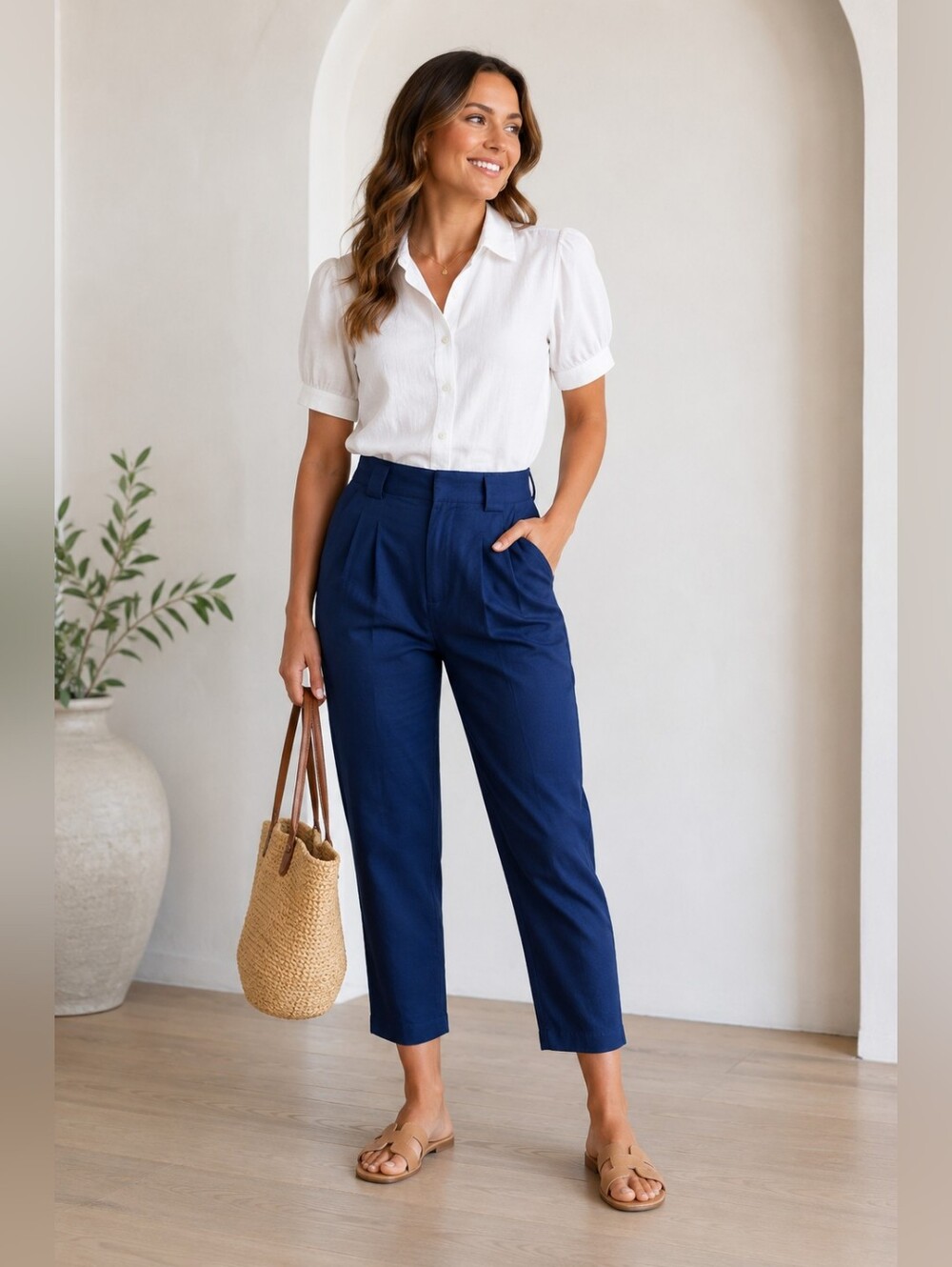Sundance Pleated High Rise Straight Leg Cropped Pants in Navy Blue Women's 8